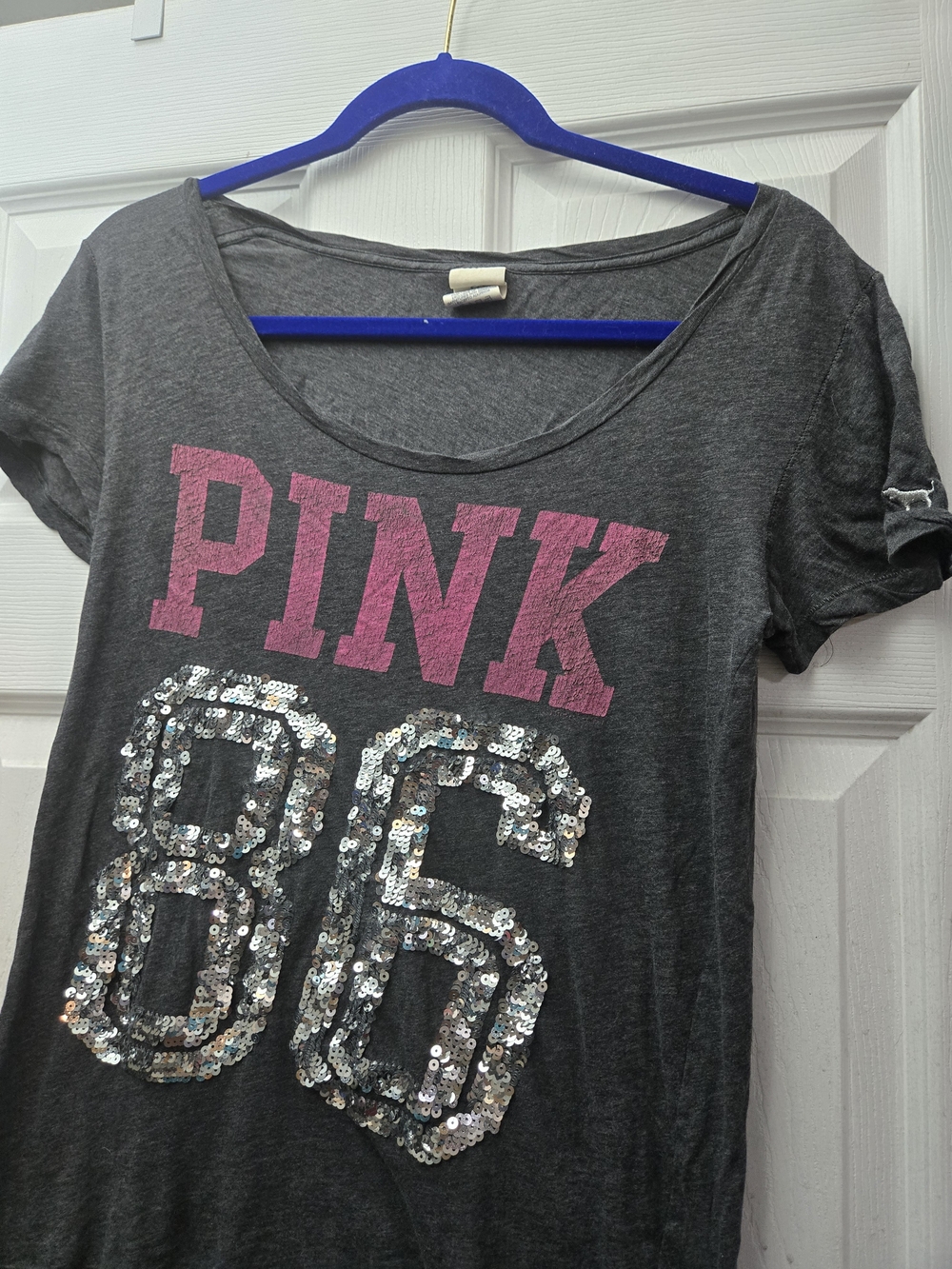 PINK Vintage Dark Gray Lightweight Tshirt With Large 86 Bling Logo